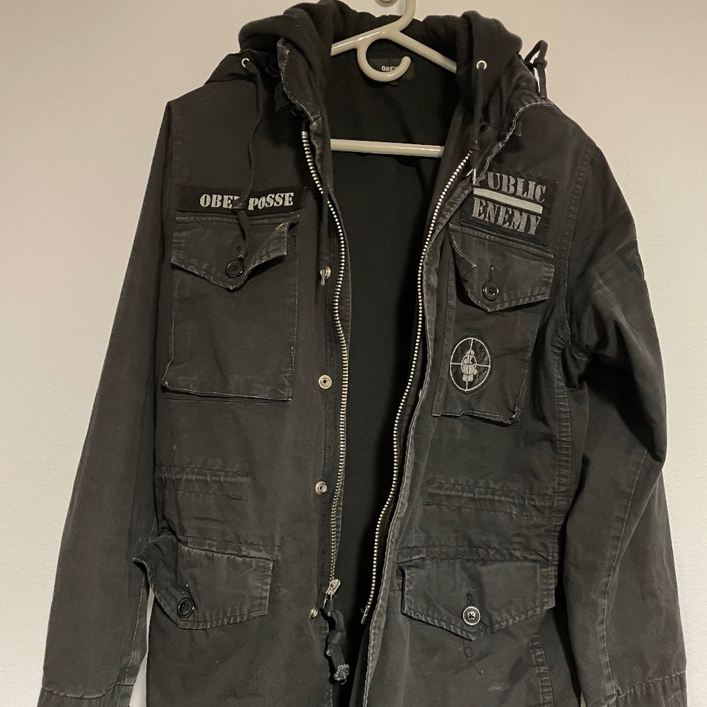 Obey x Public Enemy Propaganda Field Jacket Mens Medium Black Hooded HTF